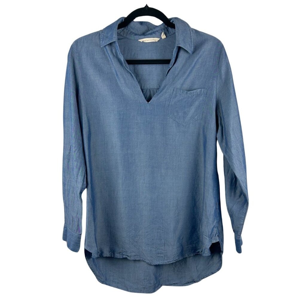 Soft Surroundings Tricia Tunic Top Blue Chambray Woman's Med V-neck Long Sleeve